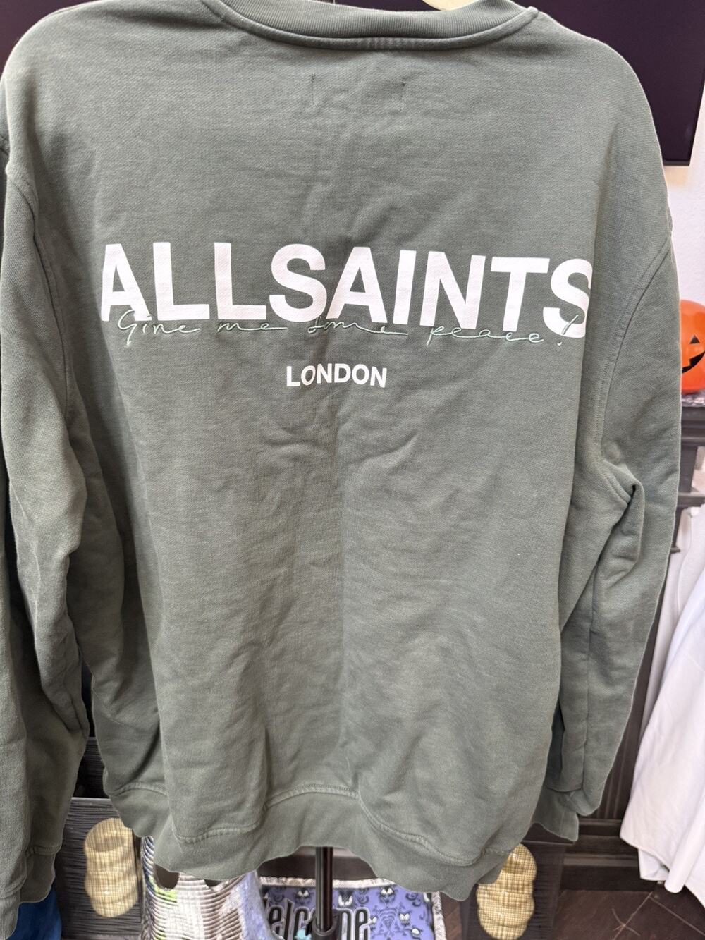 AllSaints “Give Me Some Peace” Embroidered Big Logo Sweatshirt Men Size L Grey